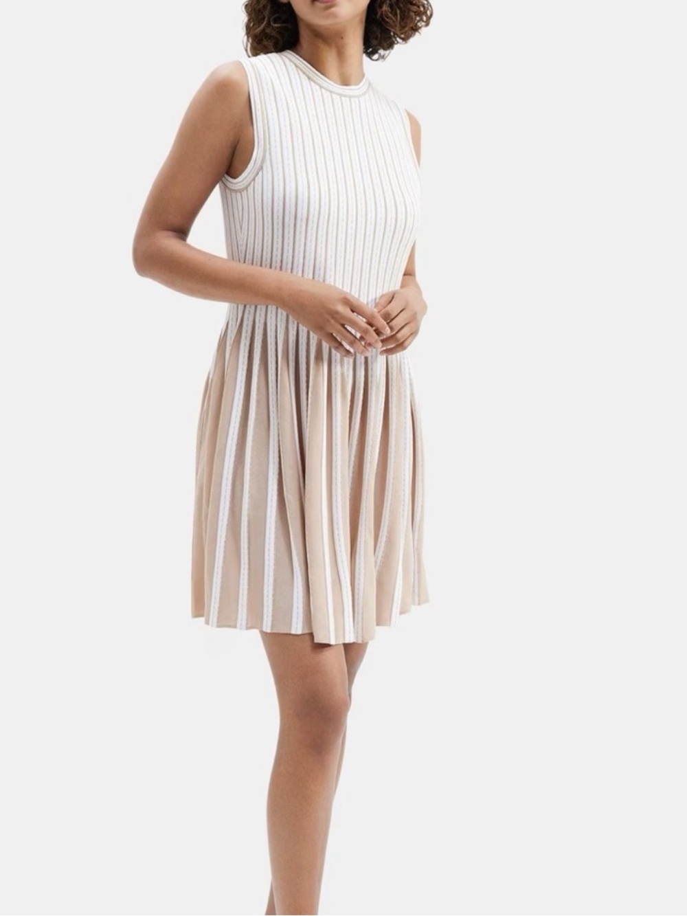 Theory Tan & White Striped Pleated Dress
